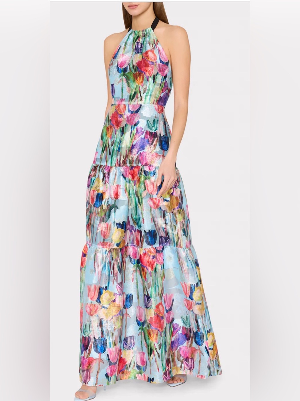Milly Gizelle Silk Lined Floral Halter Tiered Maxi Wedding Guest Dress Size 0